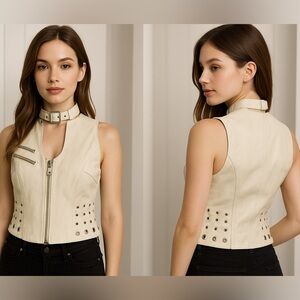 BLANC NOIR Sample Peek A Boo Leather Studded Grommet Vest Pockets Bone White S